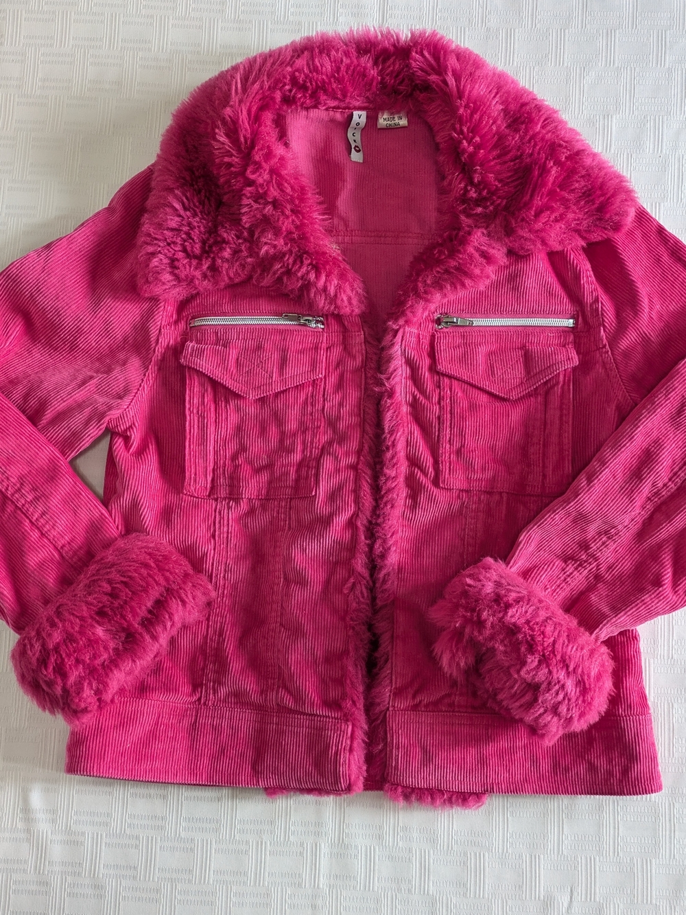 Vintage Y2K Hot Pink Corduroy Faux Fur Trim Jacket Medium Voice McBling